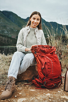 Buy stock photo Nature, backpack and portrait of woman hiking on a mountain for adventure, weekend trip or vacation. Happy, bag and female person from Canada trekking and camping in an outdoor forest for holiday.