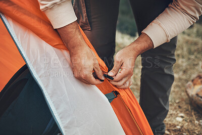 Buy stock photo Hands, pitch tent and camping in nature on vacation, holiday or travel outdoor. Campsite, closeup and man set up shelter, tying and preparation for adventure, hiking or trekking in woods for freedom