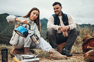 Buy stock photo Camping, water and couple for coffee in morning for trekking, adventure and freedom. Travel, nature and man and woman with kettle for warm drink, beverage and tea on holiday, vacation and hiking