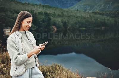 Buy stock photo Woman, phone and nature, mountains or lake with social media, network and internet connection for travel. Happy person on mobile, chat and search for outdoor location, carbon footprint blog and space
