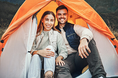 Buy stock photo Couple, tent and camping in portrait, smile and happy for holiday, nature and morning in countryside. Man, woman and relax outdoor with vacation, glamping and adventure with love, bonding and freedom