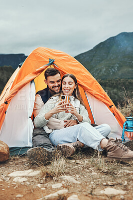 Buy stock photo Couple, camping and relax with phone in tent for reading, social media or communication in nature. Happy, people and together in mountain, forest or woods with cellphone, contact or online connection