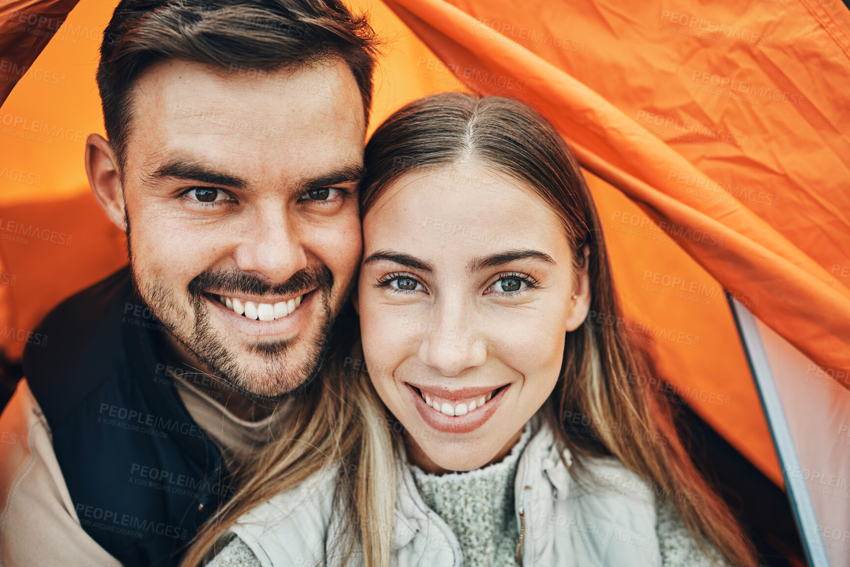 Buy stock photo Happy couple, face and portrait in tent for camp, holiday vacation or travel together on outdoor adventure. Closeup of man or woman smile in relationship on weekend, love camping or journey in nature
