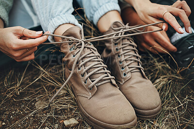 Buy stock photo Shoes, hands tie shoelace and hiking, person outdoor in nature for travel and adventure, explore and zoom. Boots, camping with start or prepare for walk, trekking and journey with health and fitness