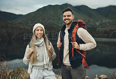 Buy stock photo People, hiking and portrait in nature with travel, mountain and backpacking with wilderness and explore outdoor. Couple camping, adventure and holiday with anniversary date, environment and trekking