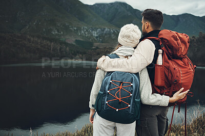 Buy stock photo Couple, back with hiking and nature view with travel, mountain and backpacking with wilderness and explore outdoor. People on adventure, holiday with anniversary date and environment with trekking