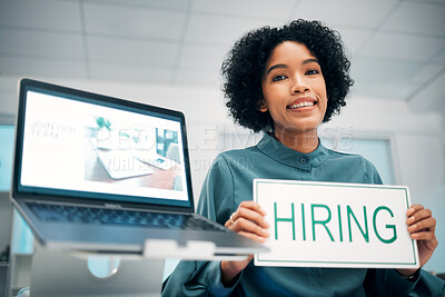 Buy stock photo Woman with hiring sign, laptop and human resources with offer, recruitment and job opportunity at company. Onboarding, pc screen with website and HR invitation to join team, poster and recruiting