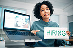 Woman, pointing and hiring sign, laptop and human resources with offer, recruitment and job opportunity. Onboarding, pc screen with website and HR invitation to join team, poster and recruiting
