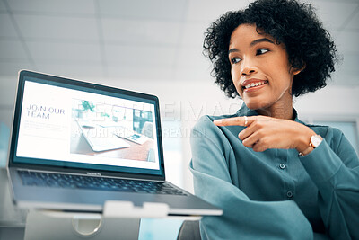 Buy stock photo Woman hiring, pointing at laptop with job advertising, opportunity and recruitment at company with human resources. Website, information and HR with recruiting, onboarding and employment offer