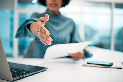 Buy stock photo Handshake, introduction in interview and recruitment, human resources and communication, partnership and trust. Person hiring, onboarding with shaking hands and job opportunity, agreement and deal