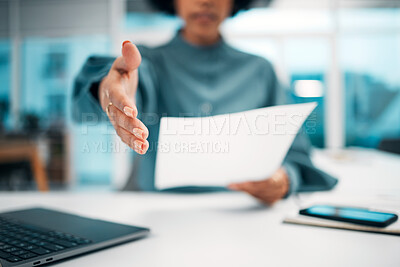 Buy stock photo Handshake, CV and interview, recruitment with human resources and communication, partnership and trust. Person, hiring or onboarding with shaking hands and opportunity for job, agreement and deal