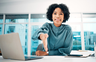 Buy stock photo Handshake, woman and  job interview, recruitment with human resources and communication, partnership and trust. Portrait, hiring or onboarding with shaking hands and introduction, agreement and deal