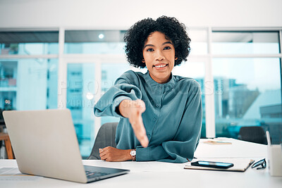 Buy stock photo Handshake, woman and interview, recruitment with human resources and communication, partnership and trust. Portrait, hiring or onboarding with shaking hands and job opportunity, agreement and deal