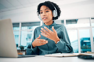 Buy stock photo Woman, laptop and headphones, video conference with presentation or interview, information and online meeting. Communication, talking and virtual discussion, webinar and corporate training with chat