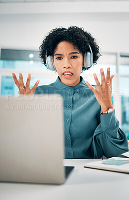 Buy stock photo Woman is confused, laptop and headphones, video conference for presentation, tech glitch and online meeting. Communication fail, 404 or error during virtual discussion, webinar and corporate training