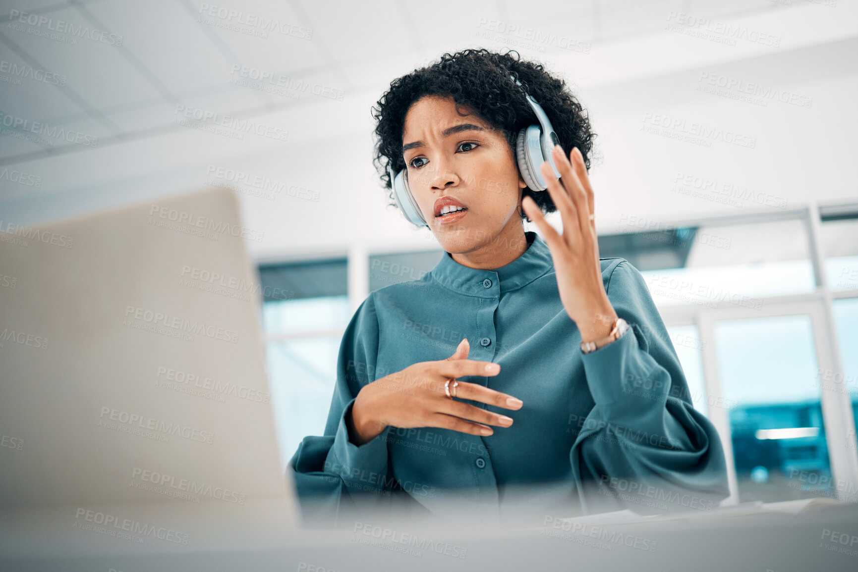 Buy stock photo Woman is confused, laptop glitch and headphones, video conference for presentation, tech and online meeting. Communication fail, 404 or error during virtual discussion, webinar and corporate training