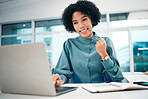 Happy woman, laptop and fist pump in winning, success or promotion for bonus or good news on office desk. Female person smile on computer in celebration, victory or achievement on table at workplace