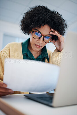 Buy stock photo Woman, stress and reading finance paperwork with tax audit, debt and loan overdraft, laptop and accounting. Bills, asset management and financial mistake with document, inflation and bankruptcy