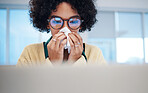 Sick business woman on computer, blowing nose and covid allergy, disease or virus in startup company. Professional, tissue paper and allergies for health problem, cold fever and bacteria in winter