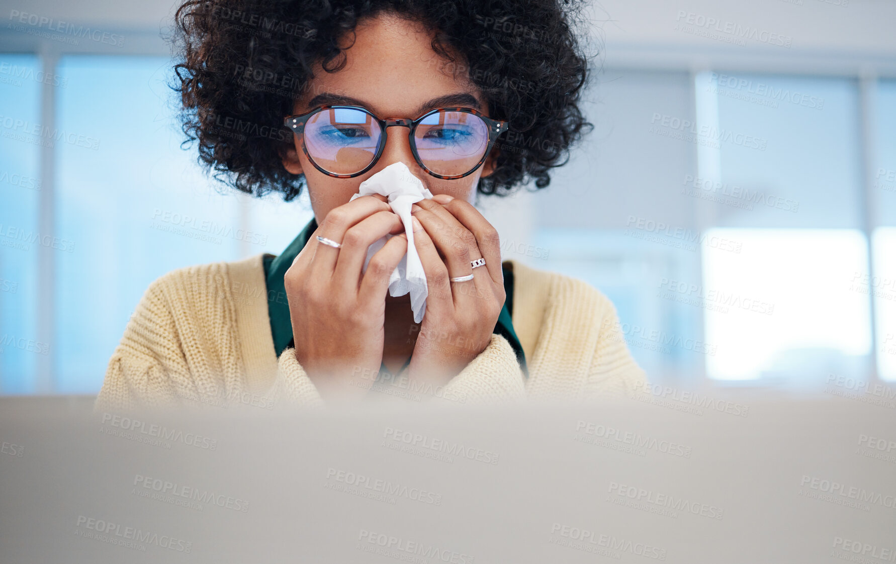 Buy stock photo Sick business woman on computer, blowing nose and covid allergy, disease or virus in startup company. Professional, tissue paper and allergies for health problem, cold fever and bacteria in winter