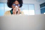 Sick business woman blowing nose for allergy, covid disease and virus in startup company. Professional on computer, tissue paper and allergies for health problem, cold fever and bacteria in winter