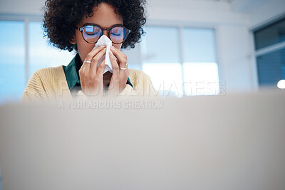 Buy stock photo Sick business woman blowing nose for allergy, covid disease and virus in startup company. Professional on computer, tissue paper and allergies for health problem, cold fever and bacteria in winter