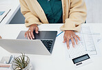 Woman, hands and laptop on calculator in budget, planning or accounting on desk at office. Closeup of female person or accountant in audit, financial plan or savings for salary or profit at workplace