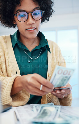 Buy stock photo Finance, counting and woman with money, savings and investment with profit, accounting and payment. Person, girl and employee with cash, budget planning and transactions with bonus and economy