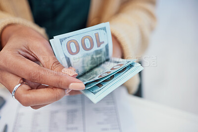 Buy stock photo Hands, finance and a business person counting money closeup in the office of a bank for accounting. Cash, budget and economy with a financial advisor closeup in the workplace for investment growth
