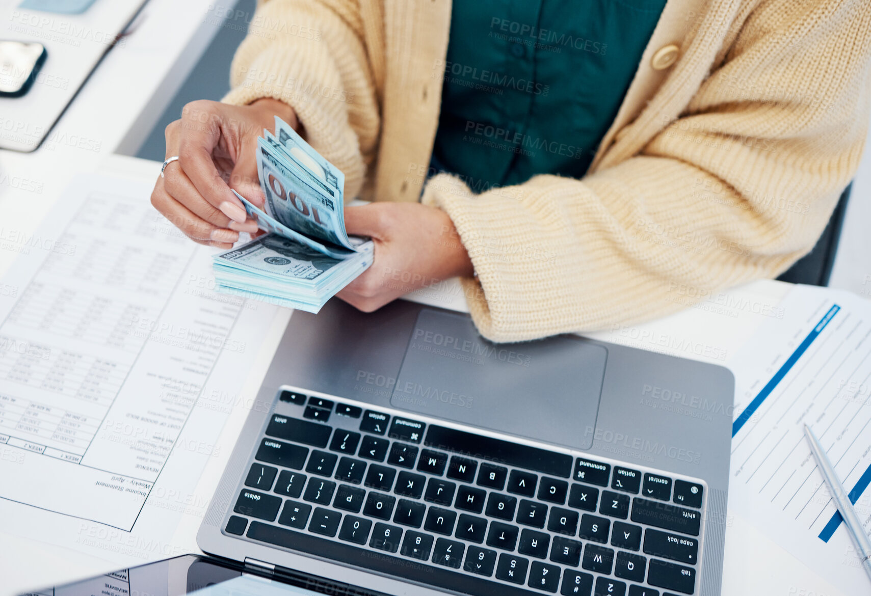 Buy stock photo Hands, laptop and a business person counting money closeup in the office of a bank for accounting. Cash, budget and trading with a financial advisor in the workplace for investment growth from above