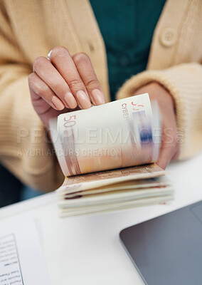 Buy stock photo Hands, budget and a business person counting money closeup in the office of a bank for accounting. Cash, finance and economy with a financial advisor closeup in the workplace for investment growth