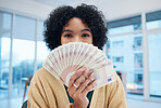 Woman, portrait and cash fan with financial freedom, bonus or winning with wealth, bills and lottery. Money, investment and rich with euro notes, success in finance with prize or reward with payment