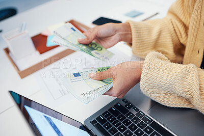 Buy stock photo Hands, money and business woman with laptop in office for budget, savings and investment closeup. Cash, counting and female investor with payment, loan or sale, deal and profit, growth or management
