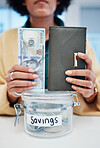 Woman, hands and money with jar for savings, investment or financial freedom on counter or table. Closeup of employee with wallet of cash, bills or paper notes for banking profit, growth or finance