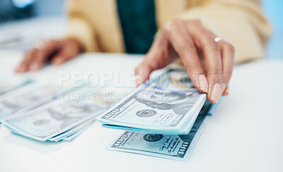 Buy stock photo Hands, financial and a business person counting money closeup in the office of a bank for accounting. Cash, budget and economy with a finance advisor closeup in the workplace for investment growth