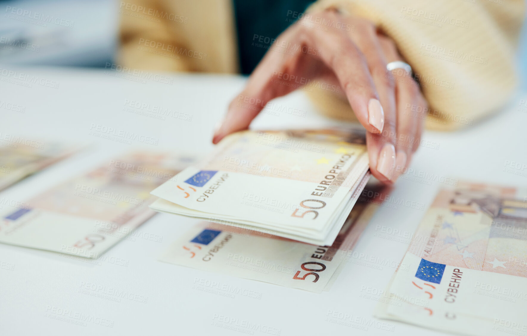 Buy stock photo Hands, accounting and a business person counting money closeup in the office of a bank for finance. Cash, budget and economy with a financial manager closeup in the workplace for investment growth