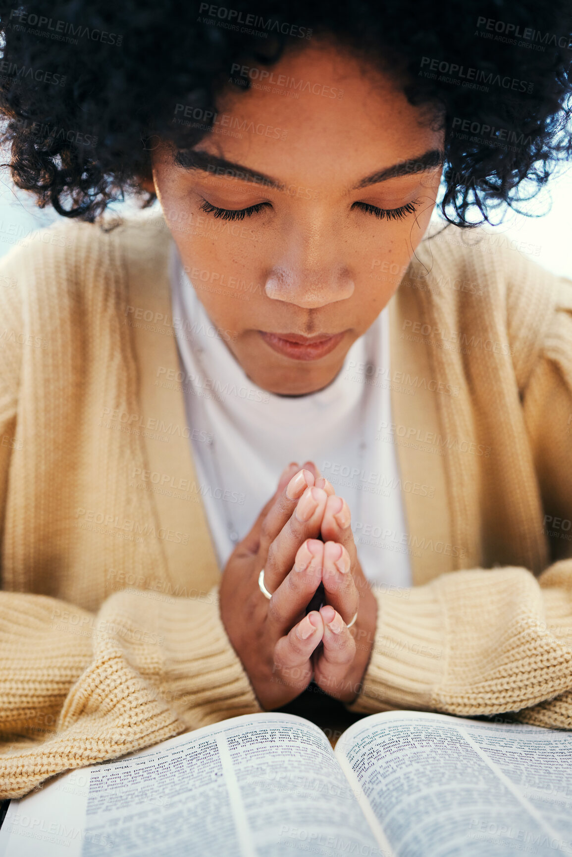 Buy stock photo Woman, bible and praying in Church, worship and Christian religion, reading or studying. Person, holy book and meditation for God, Jesus Christ and faith in spiritual gospel, praise or hope for help