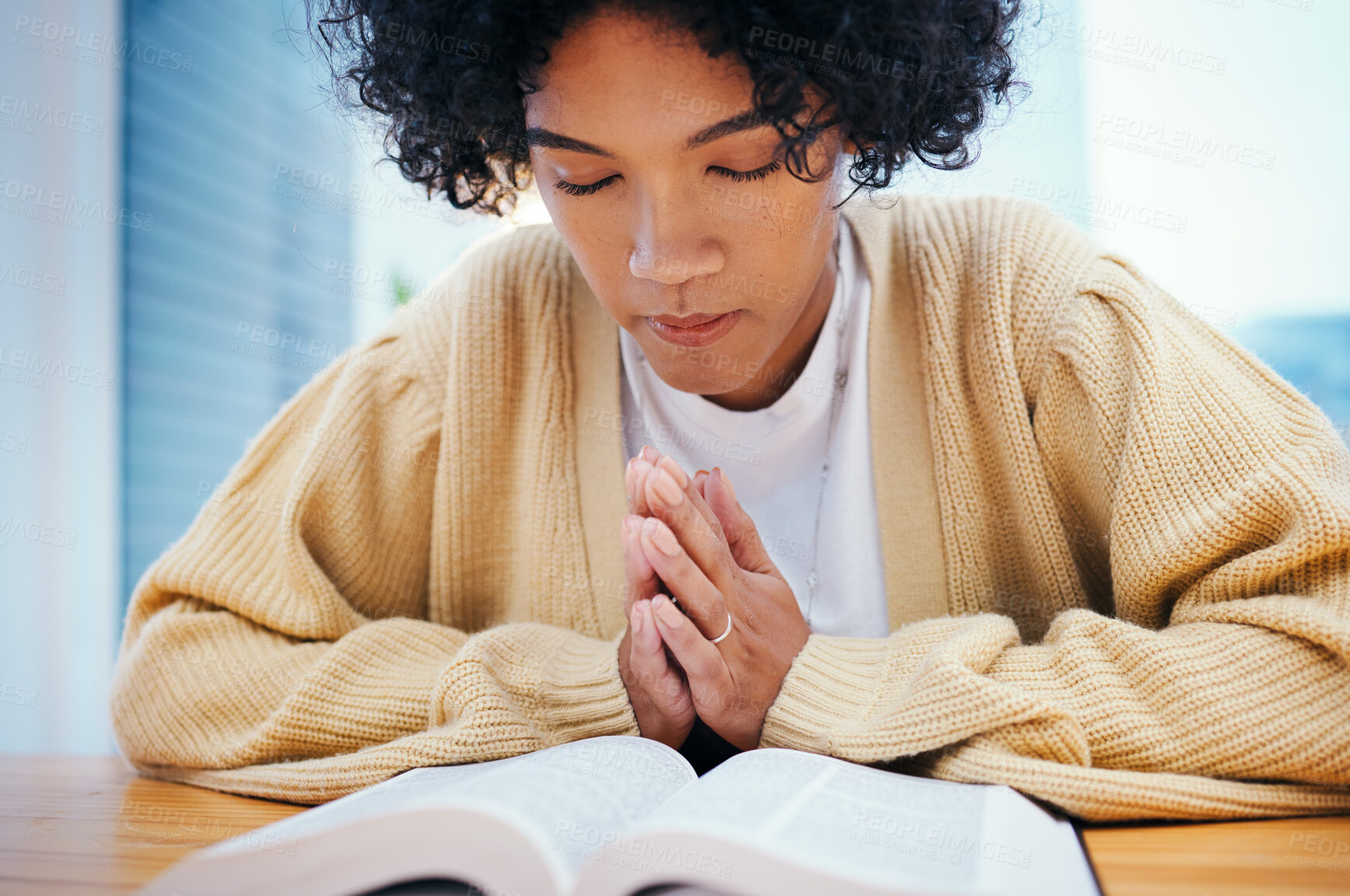 Buy stock photo Bible, prayer and woman in home for religion, Christian worship and reading to study. Person, holy book and meditation at desk for God, Jesus Christ and faith in spiritual gospel, praise and hope