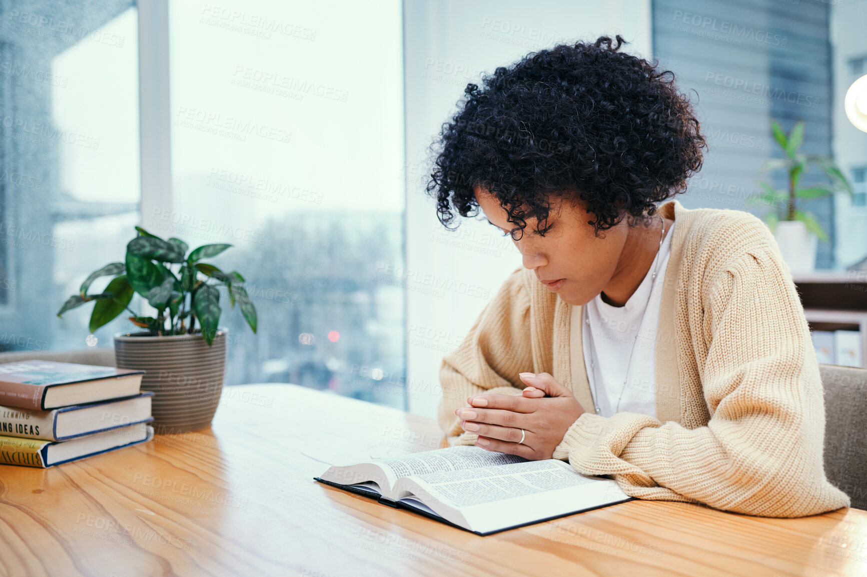 Buy stock photo Praying, bible and woman with religion, worship and hope with guidance, healing or Christian with faith. Person, girl and believer with holy scripture, book or home with help, spiritual and gratitude