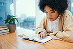 Bible, notes and woman reading gospel at desk in home, Christian faith and knowledge of God for religion. Study, notebook and girl at table with holy book, learning gospel for inspiration and prayer.