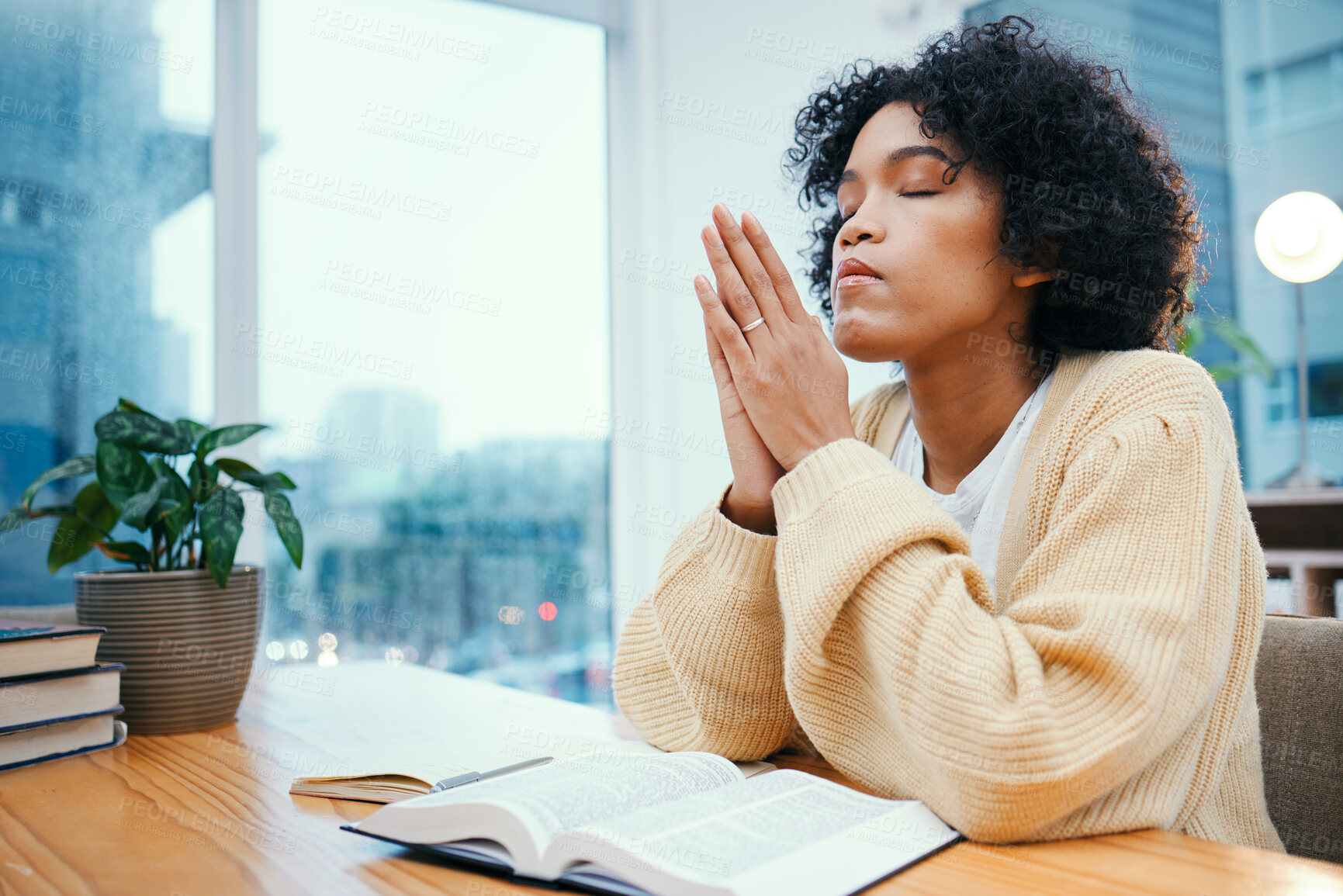 Buy stock photo Prayer, bible and woman with religion, peace and hope with guidance, calm and Christian with faith. Person, girl and believer with holy scripture, book and home with worship, spiritual and gratitude