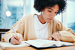 Bible, study and writing, woman with notes on religion at desk in home, Christian faith and knowledge of God. Reading, hope and girl at table with holy book, learning gospel inspiration and prayer.