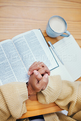 Buy stock photo Bible, notes and hands of woman in prayer at desk in home, Christian faith or knowledge of God from above. Reading, study and girl at table with holy book, learning gospel for inspiration or theology