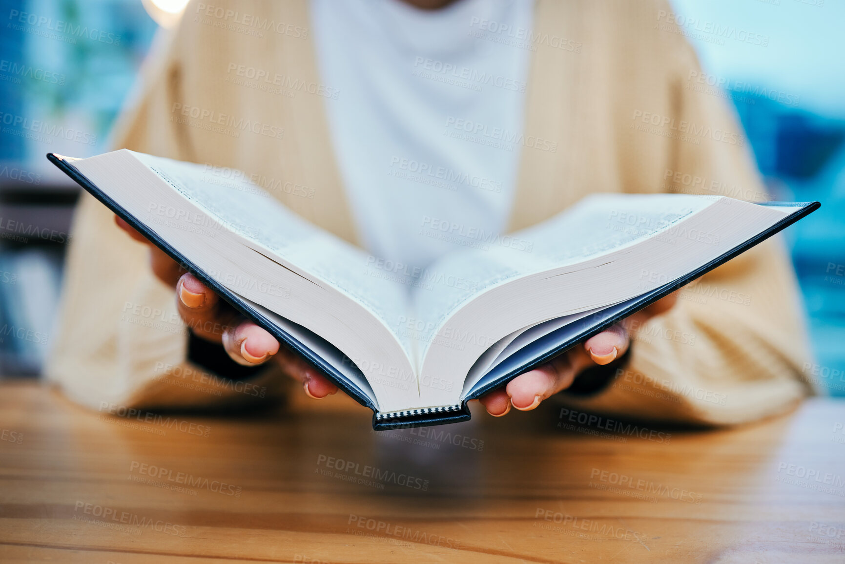 Buy stock photo Woman, bible study and reading with hands, god and worship for religion, spiritual and church. Christian, faith and education for christ, believe and respect for scripture, prayer and holy knowledge 