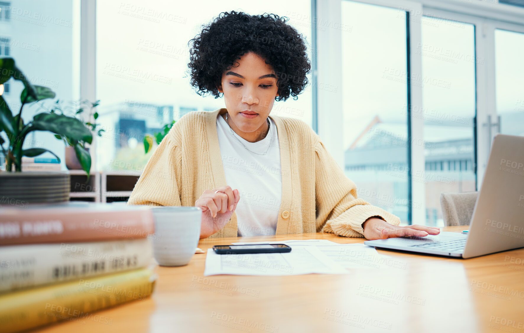 Buy stock photo Woman with laptop, phone and research in home office with documents, internet and ideas for freelance project. Remote work, mobile app and girl with computer, paperwork and checking online website.