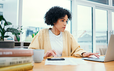 Buy stock photo Woman with laptop, documents and research in home office with smartphone, internet and ideas for freelance project. Remote work, mobile app and girl with computer, paperwork and reading email website