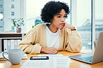 Woman with laptop, thinking and reading in home office with documents, internet and research for freelance project. Remote work, web ideas and girl with computer, paperwork and checking online report