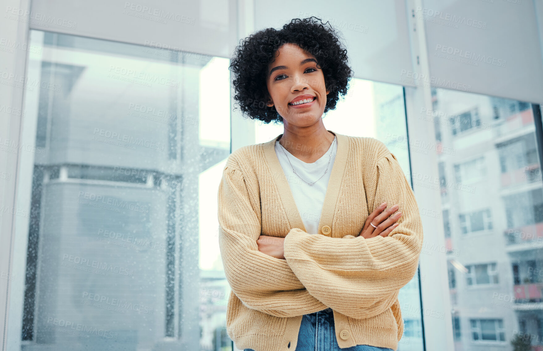 Buy stock photo Smile, portrait and business woman with arms crossed in office happy, confident and professional. Face, pride and female entrepreneur proud of startup advertising agency, company or career goals
