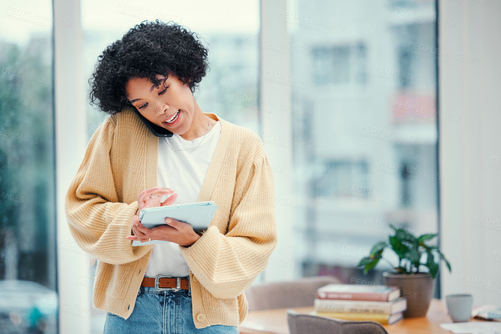 Buy stock photo Phone call, tablet and employee planning schedule online on website in an office and working on a project on internet. Discussion, communication and worker typing information to manage workflow