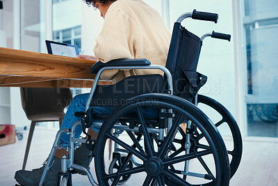 Buy stock photo Business, desk and worker in wheelchair in office, working on project, report and inclusion. Corporate, professional and person with disability with technology for internet, research or browse online